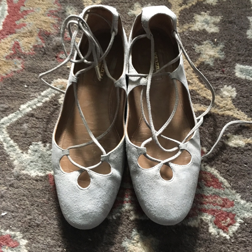 AQUAZZURA Dancer Grey-Beige Suede Gold Heel Flat Shoe 38